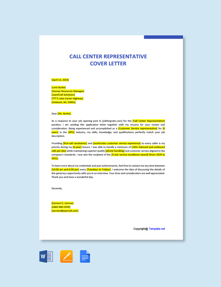 Call Center Representative Cover Letter Template [Free PDF] - Word