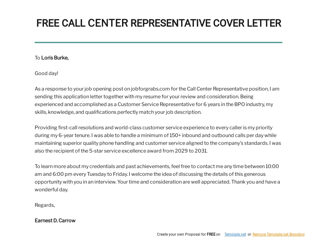 Free Call Center Representative Cover Letter Template.jpe