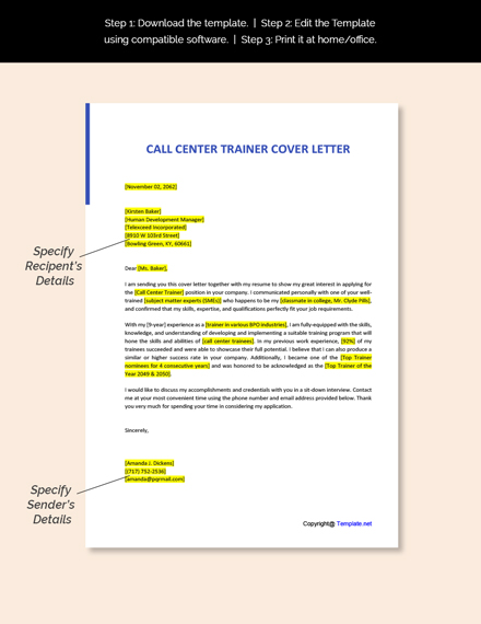 Call Center Trainer Cover Letter Template