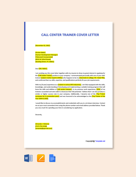 Free Call Center Trainer Cover Letter Template - Google Docs, Word ...