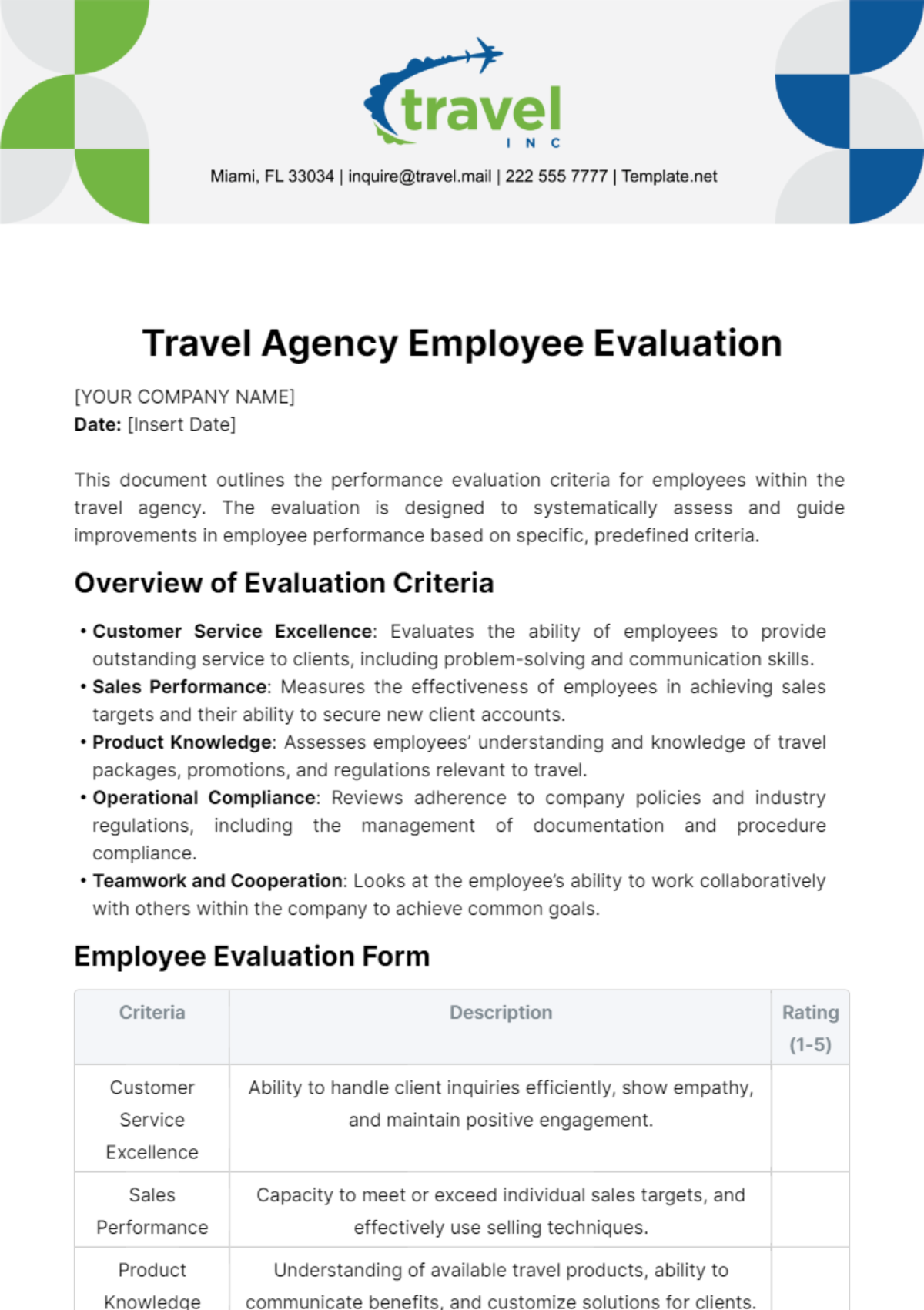 Travel Agency Employee Evaluation Template