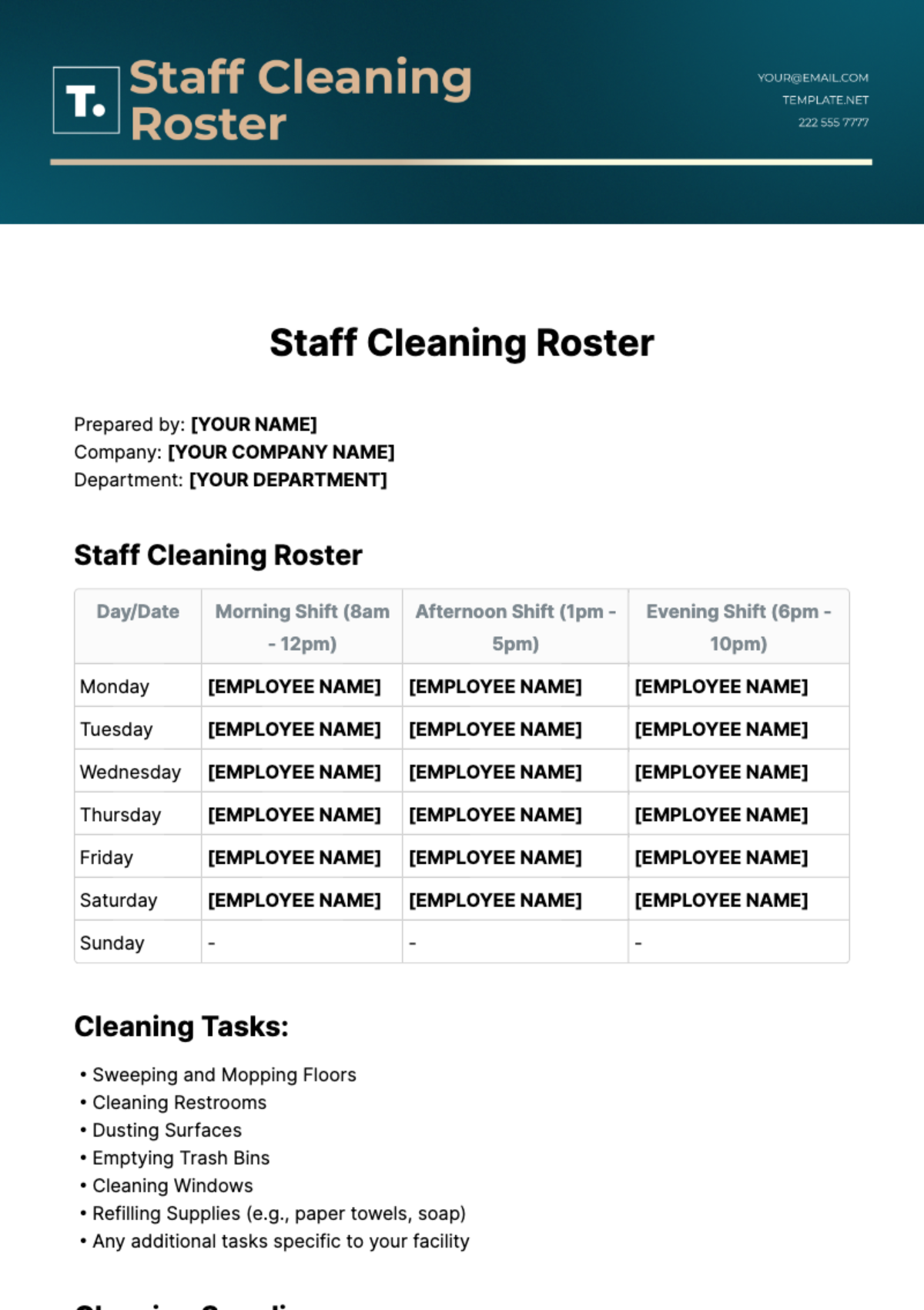 Staff Cleaning Roster Template
