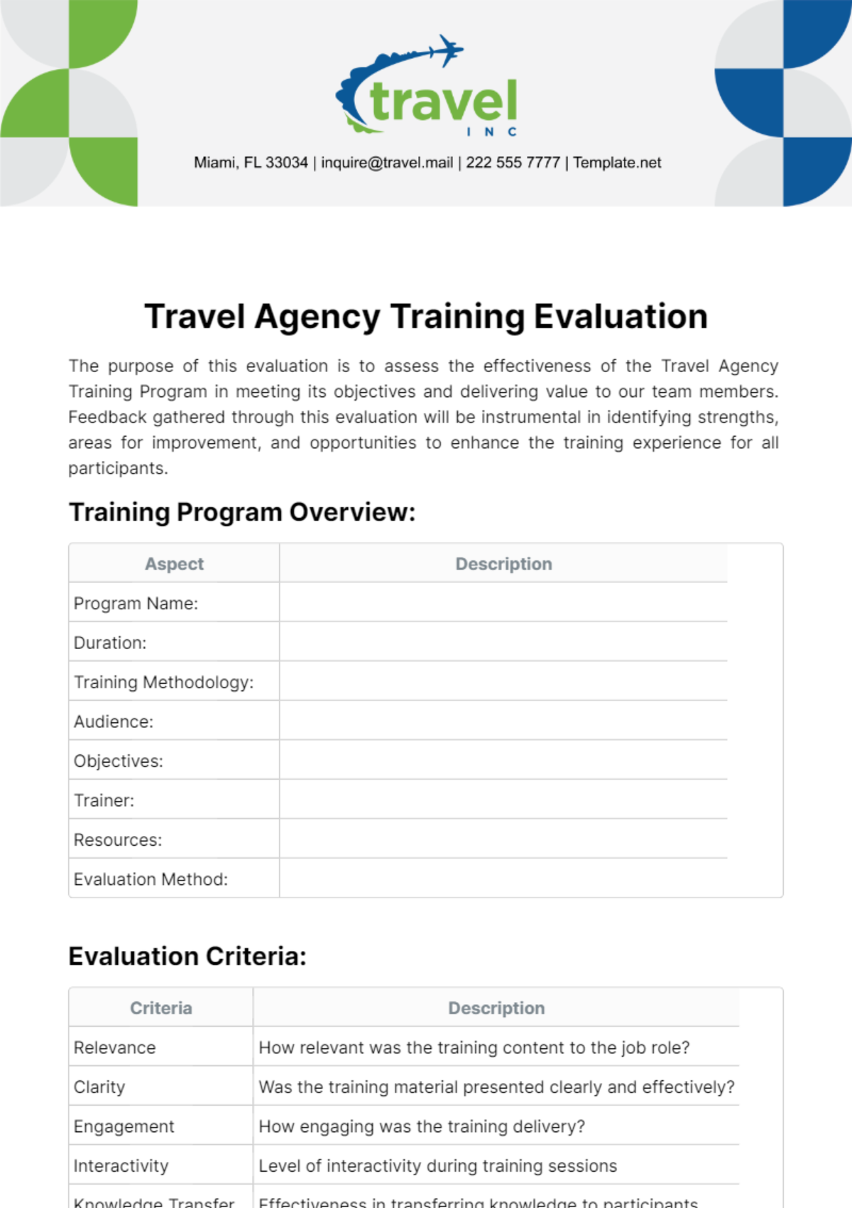 Free Travel Agency Training Evaluation Template