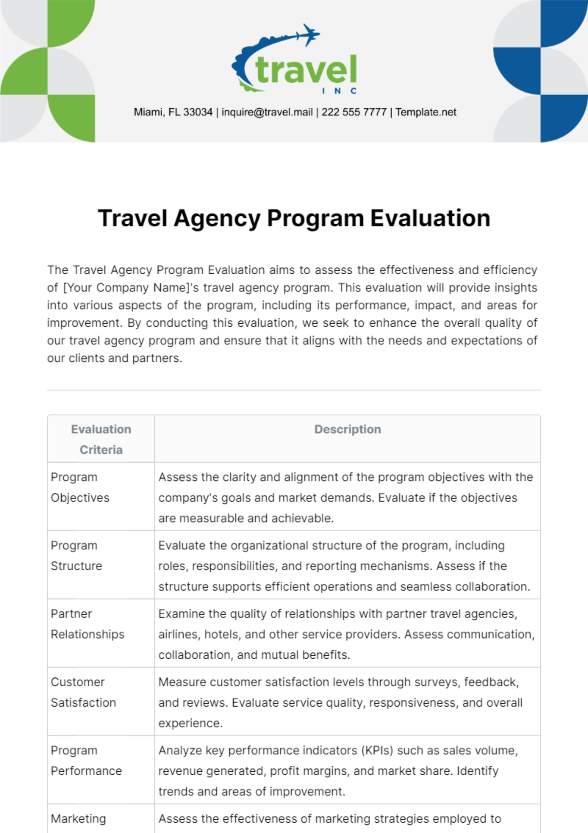 Travel Agency Program Evaluation Template