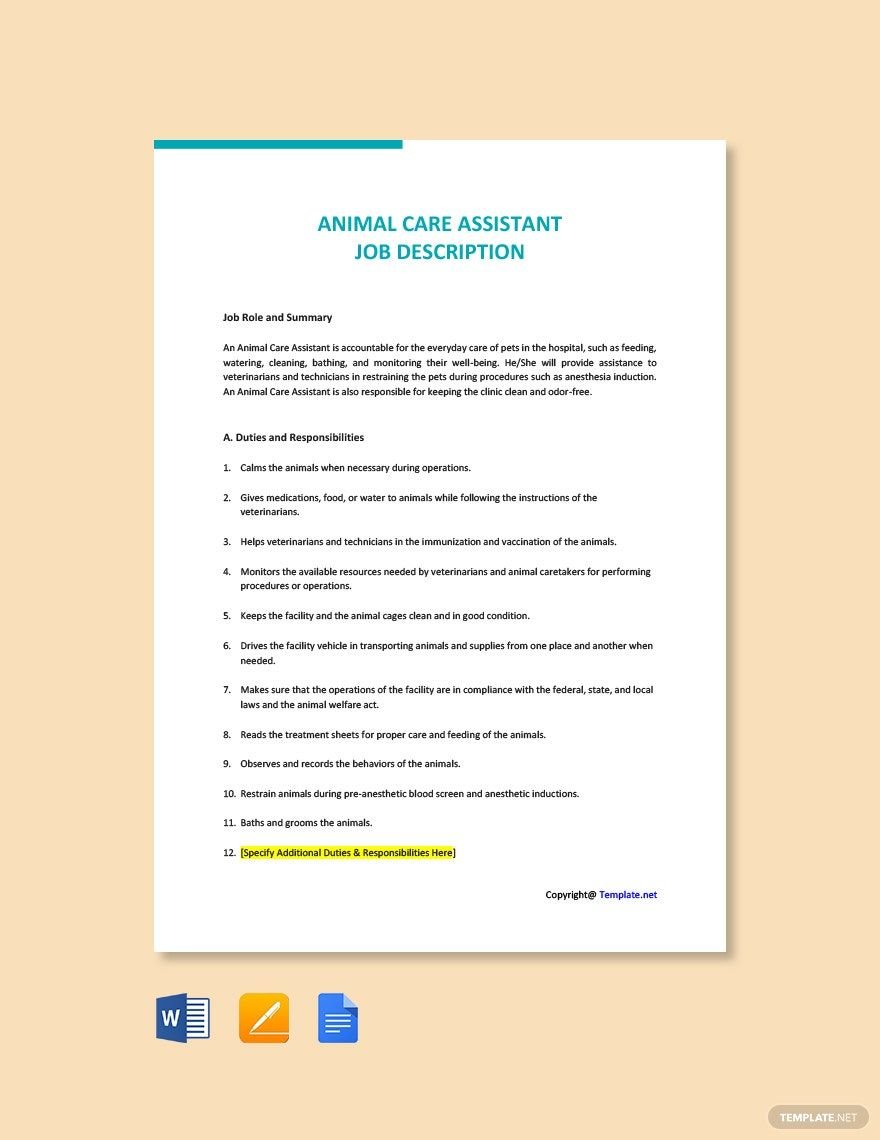 Animal Care Assistant Job Ad and Description Template