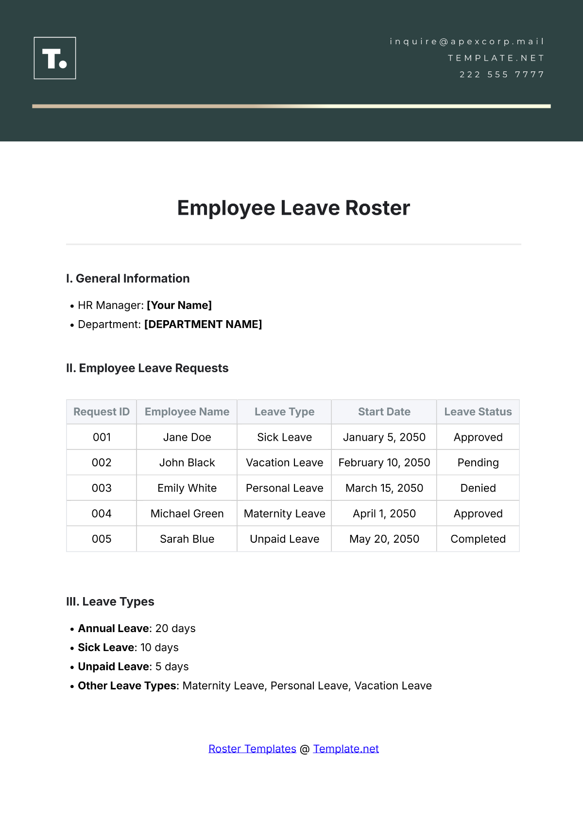 Employee Leave Roster Template - Edit Online & Download