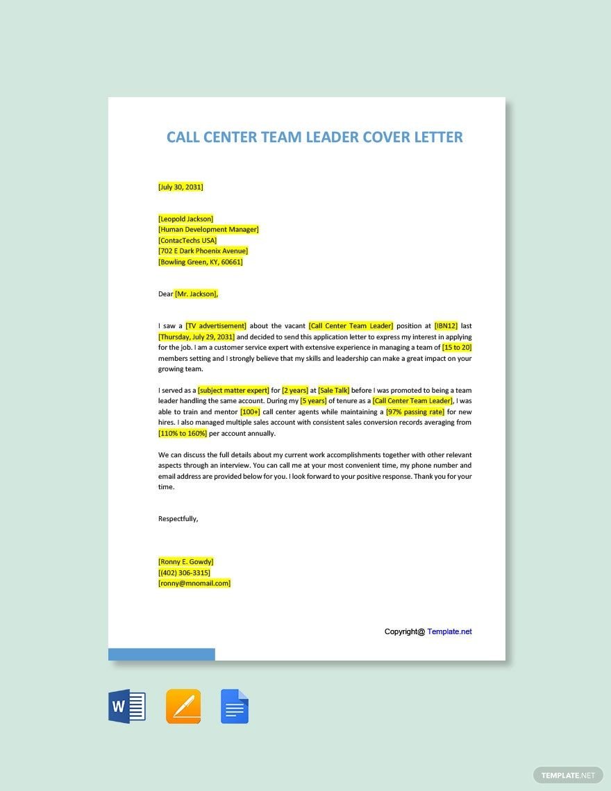 Call Center Team Leader Cover Letter