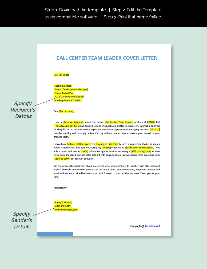 Call Center Team Leader Cover Letter Template