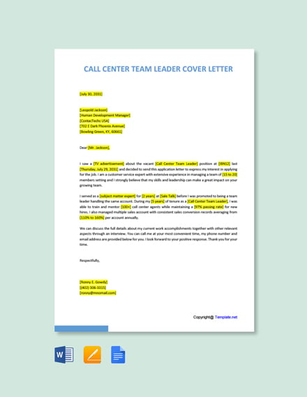cover letter template team leader