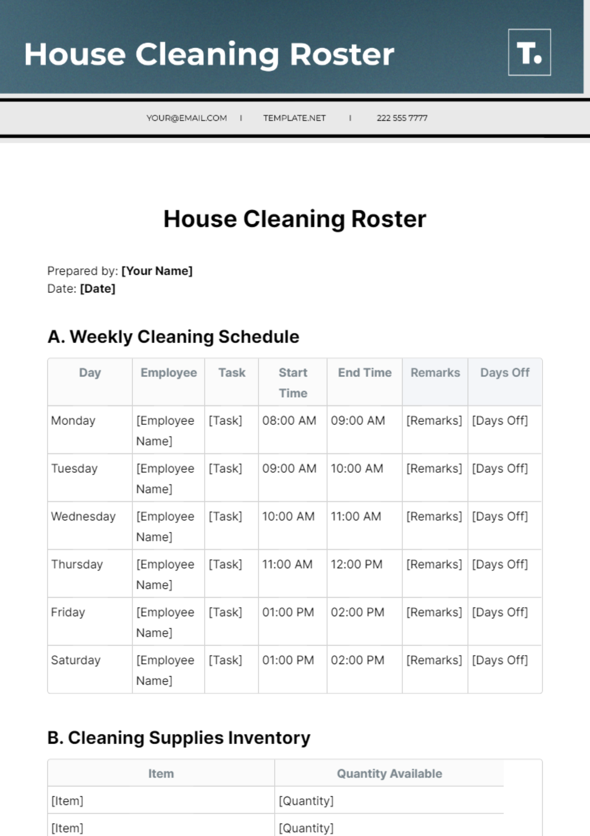 House Cleaning Roster Template