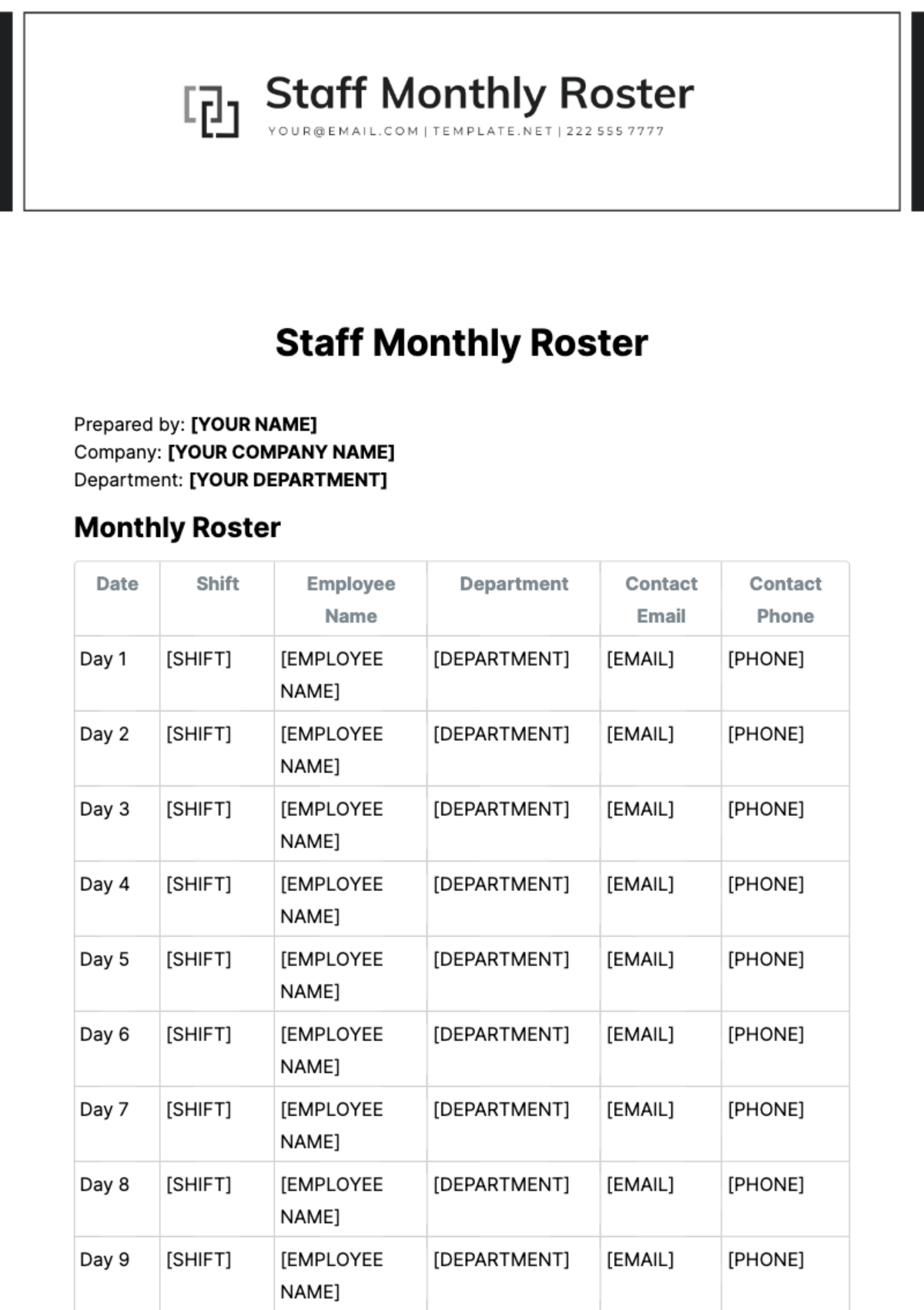Staff Monthly Roster Template