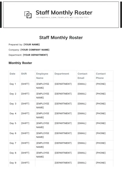 Free Staff Monthly Roster Template to Edit Online