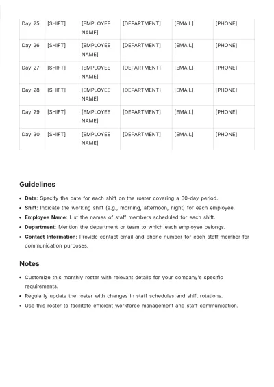 Free Staff Monthly Roster Template to Edit Online
