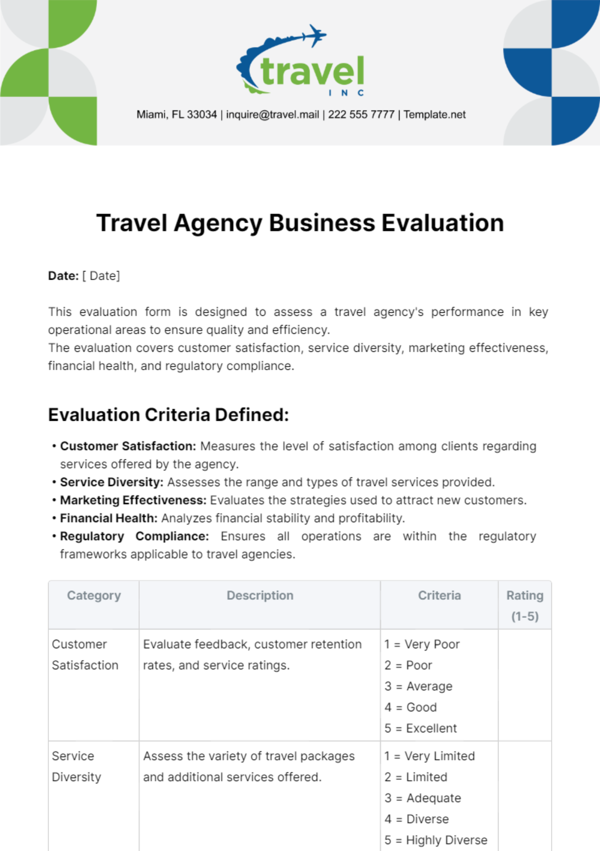 Free Travel Agency Business Evaluation Template