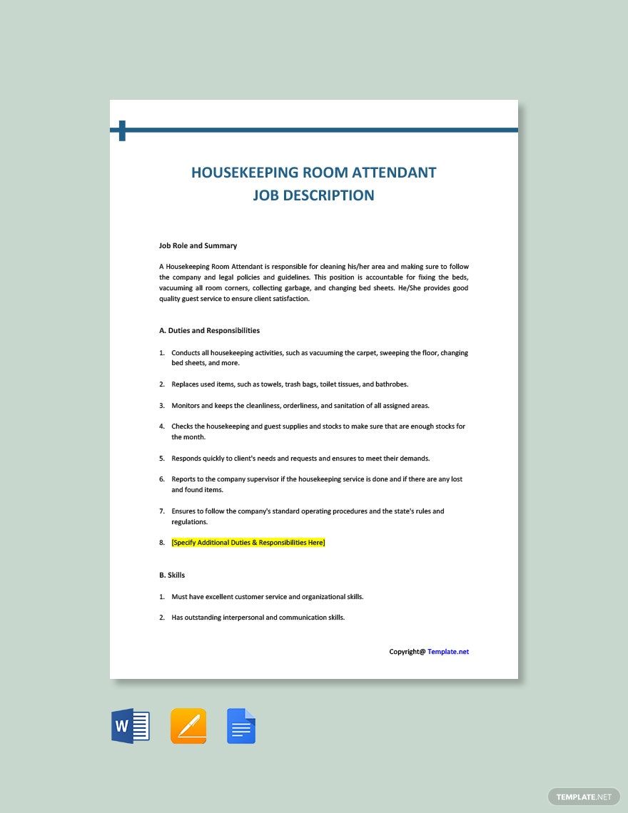 Housekeeping Room Attendant Job Ad and Description Template