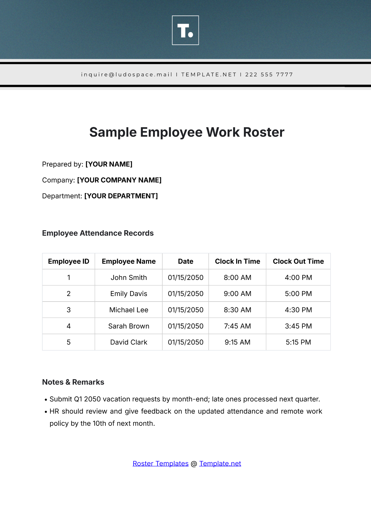 Employee Attendance Roster Template - Edit Online & Download