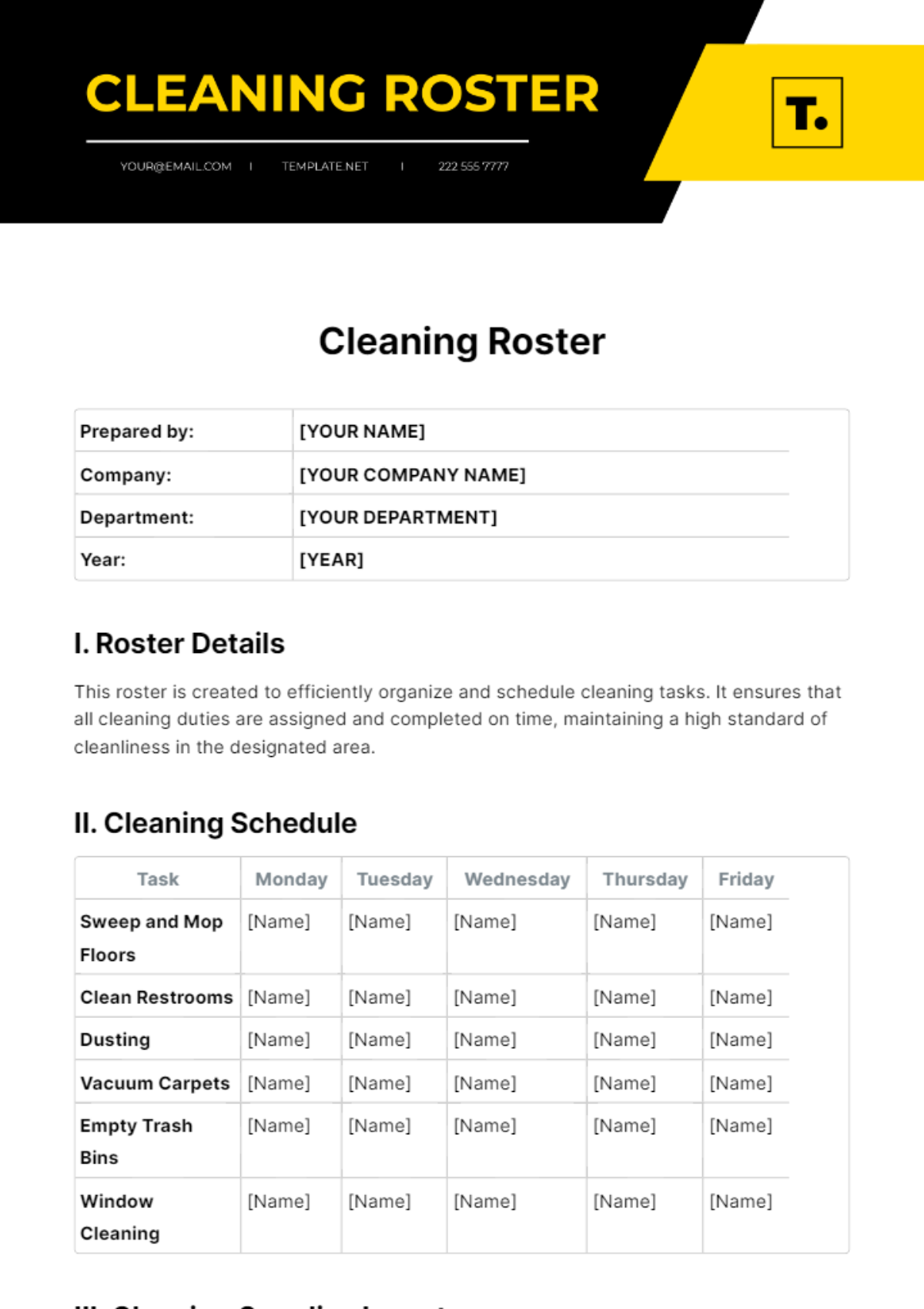 Cleaning Roster Template