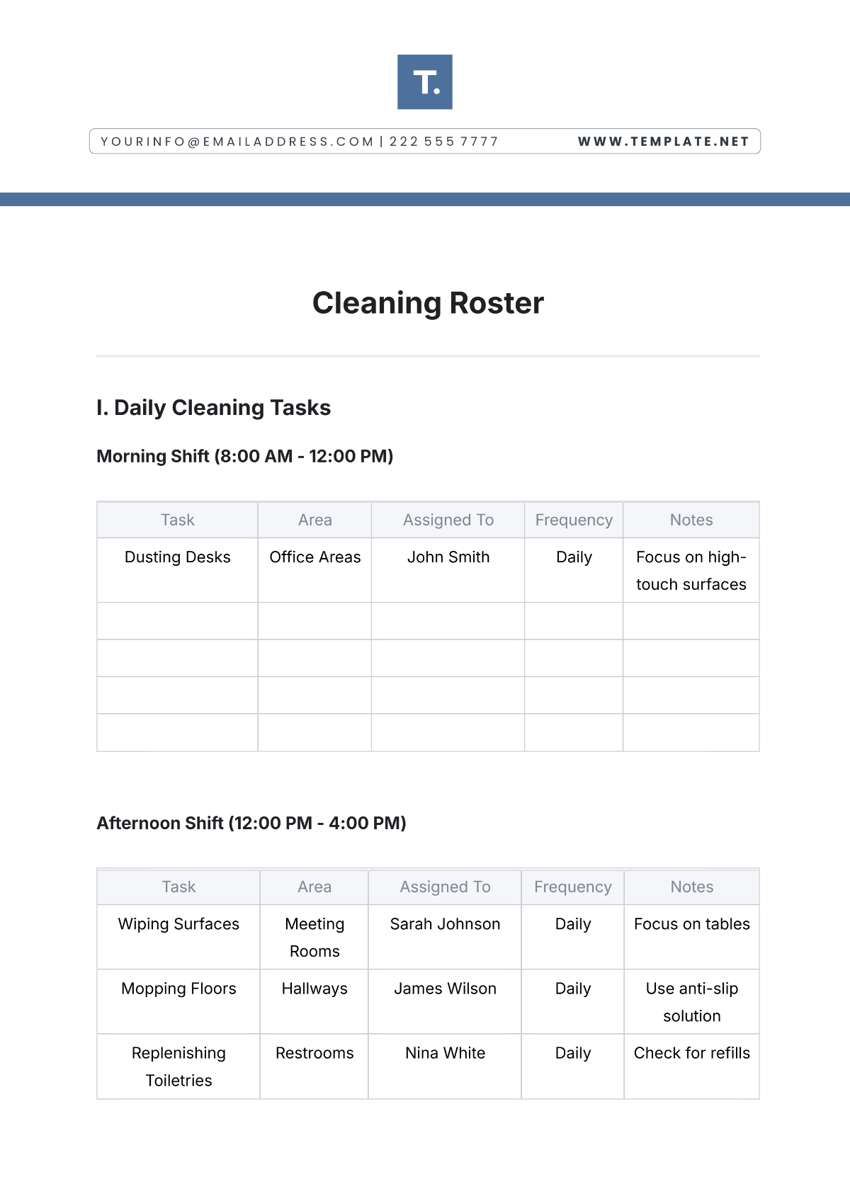 Cleaning Roster Template