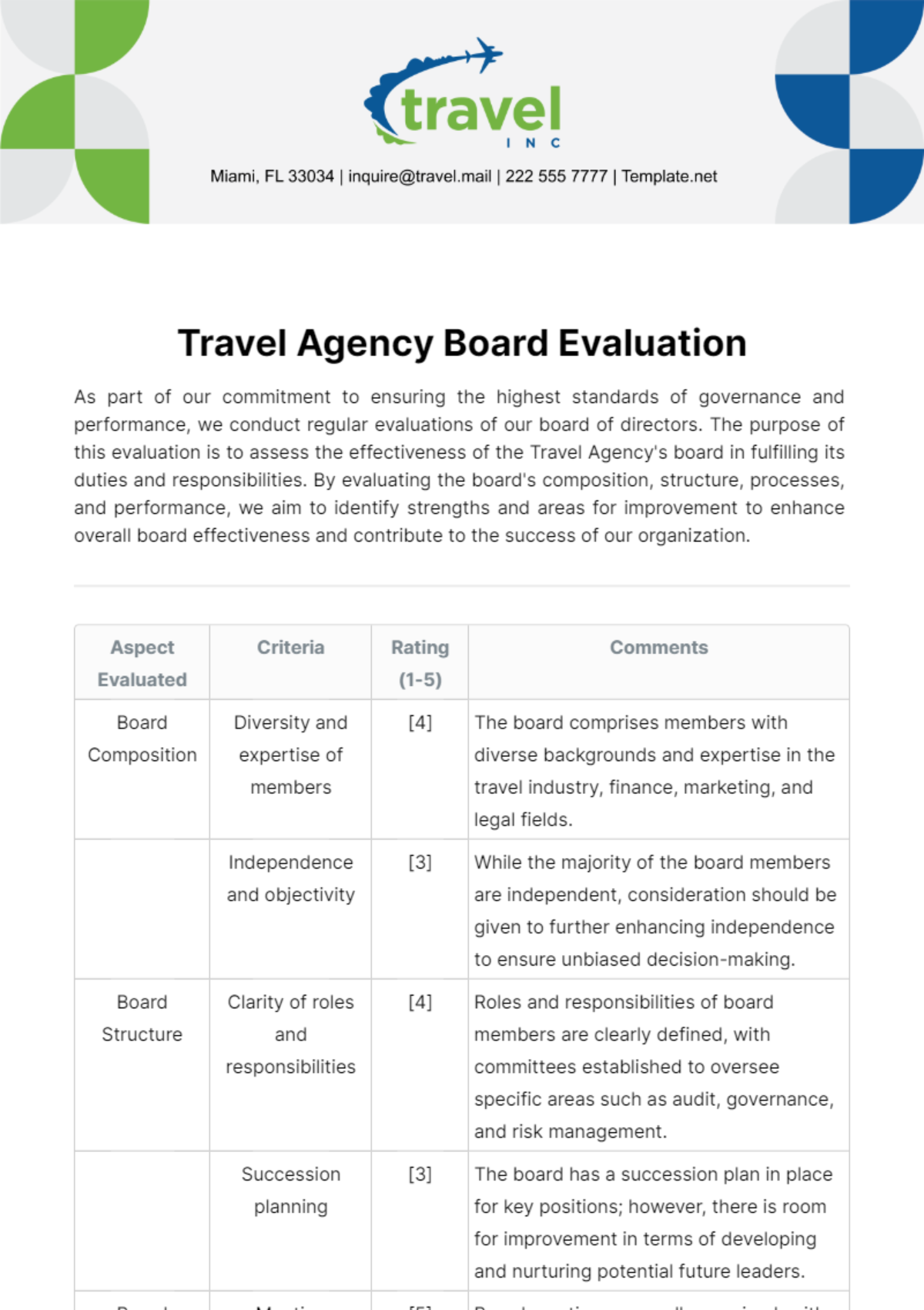 Free Travel Agency Board Evaluation Template