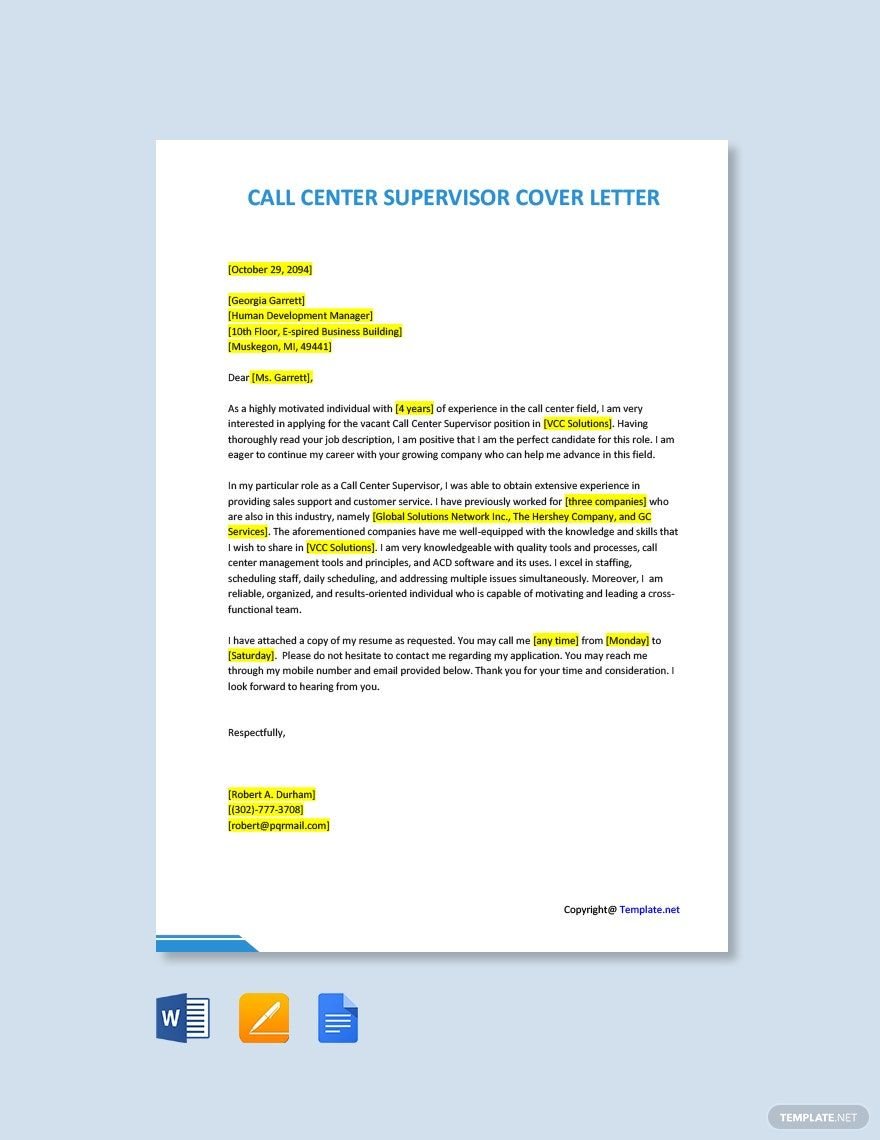 Call Center Supervisor Cover Letter