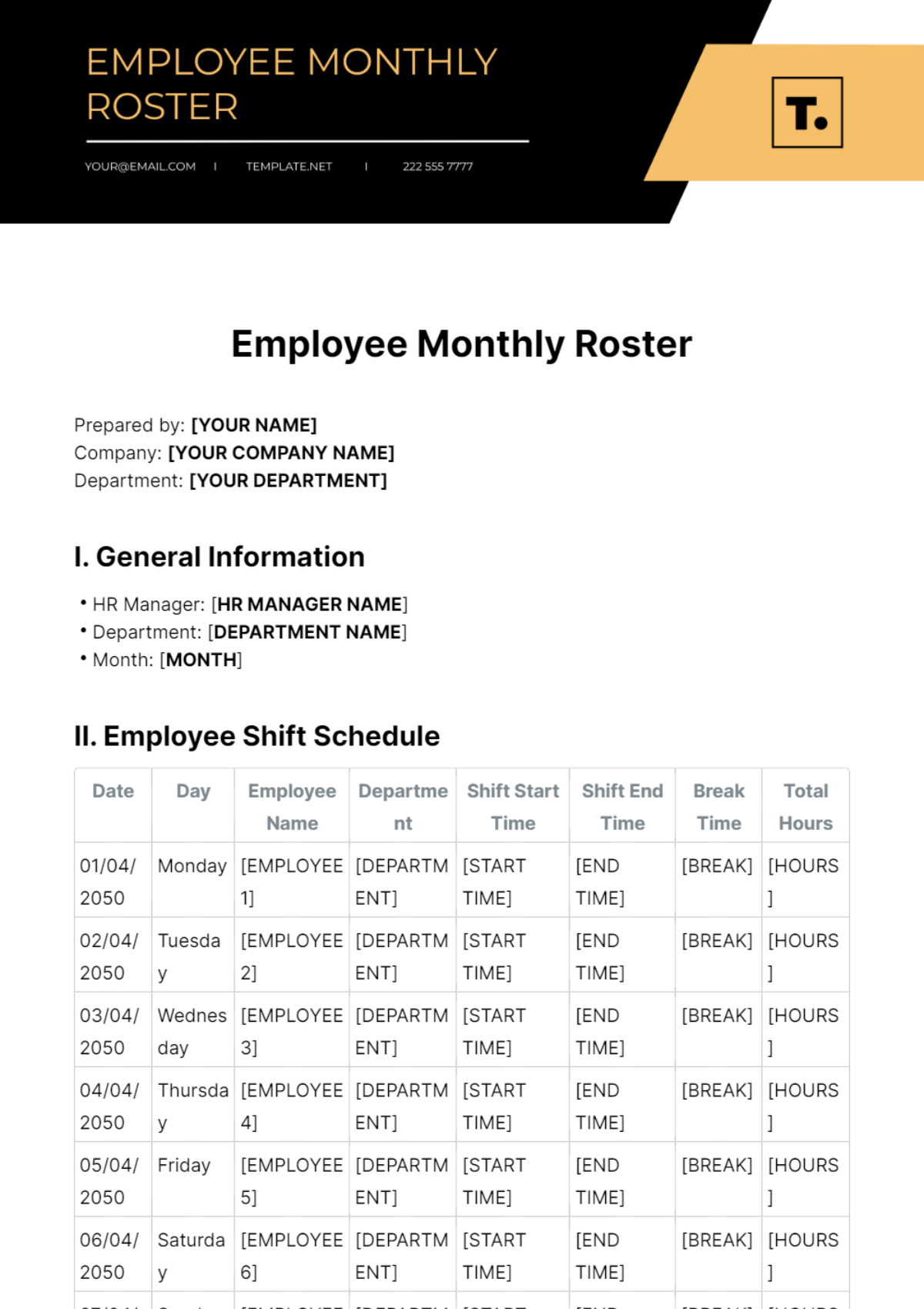 Employee Monthly Roster Template