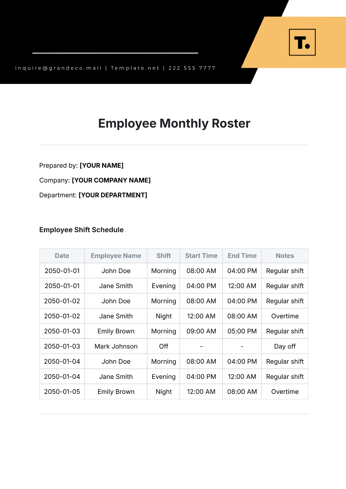 Employee Monthly Roster Template - Edit Online & Download