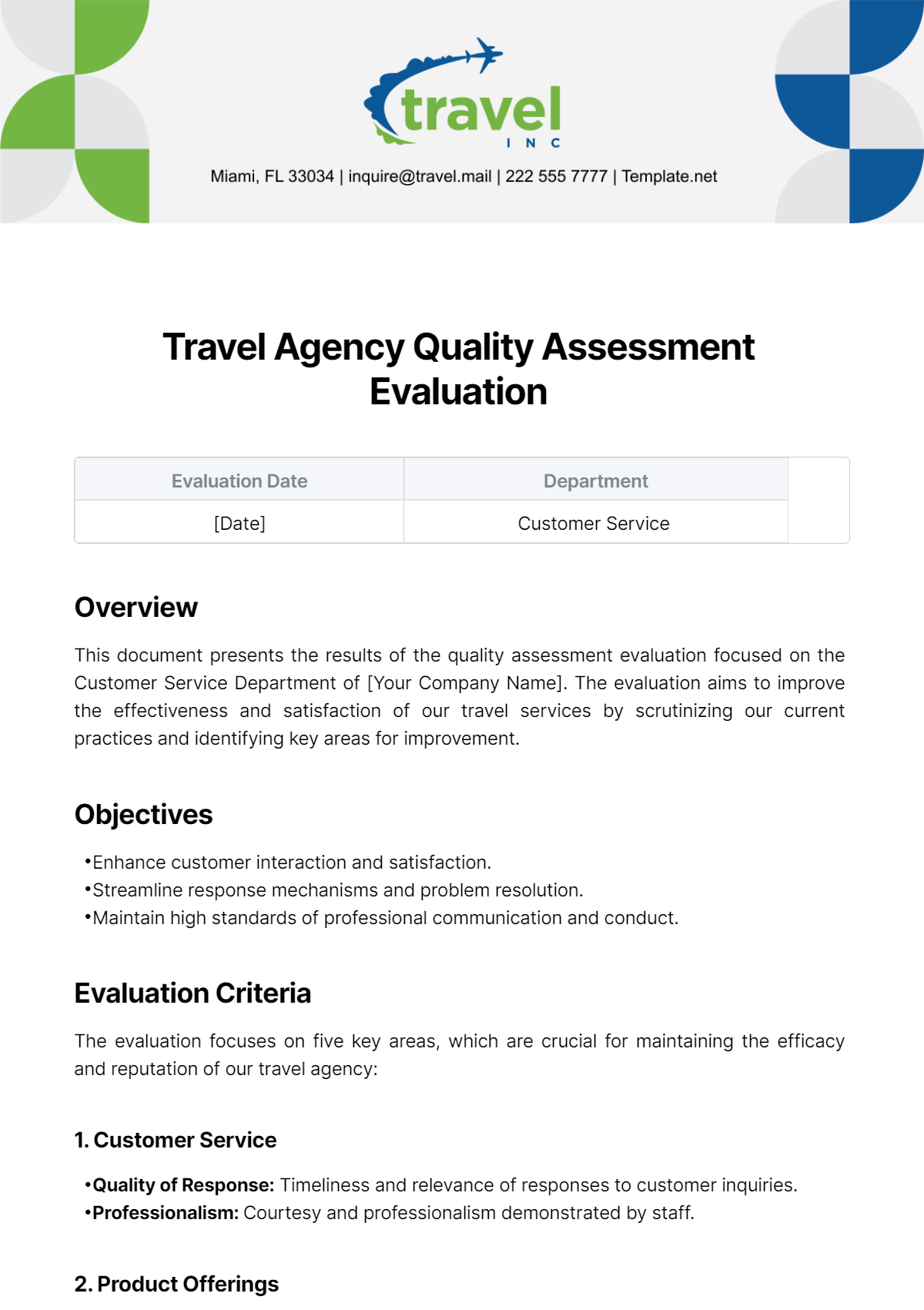 Free Travel Agency Quality Assessment Evaluation Template
