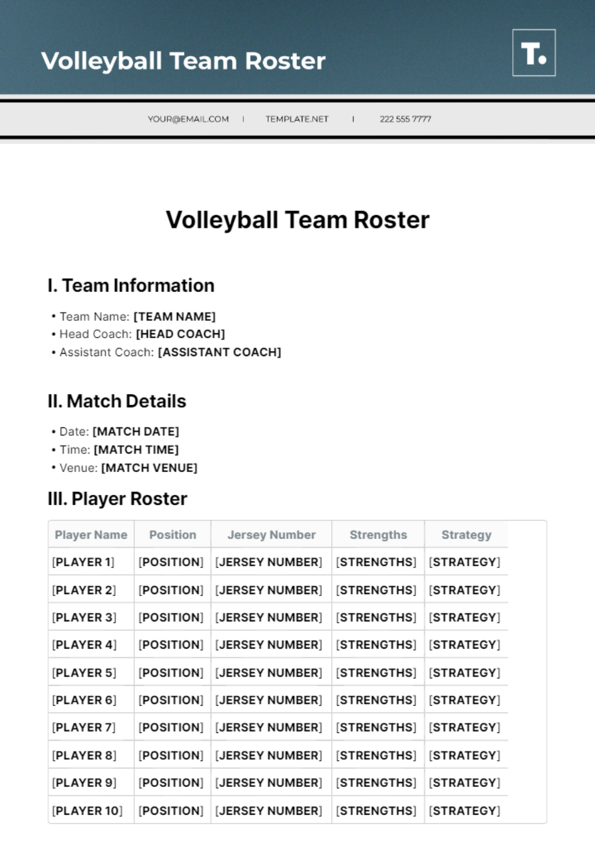 Volley Ball Roster Template