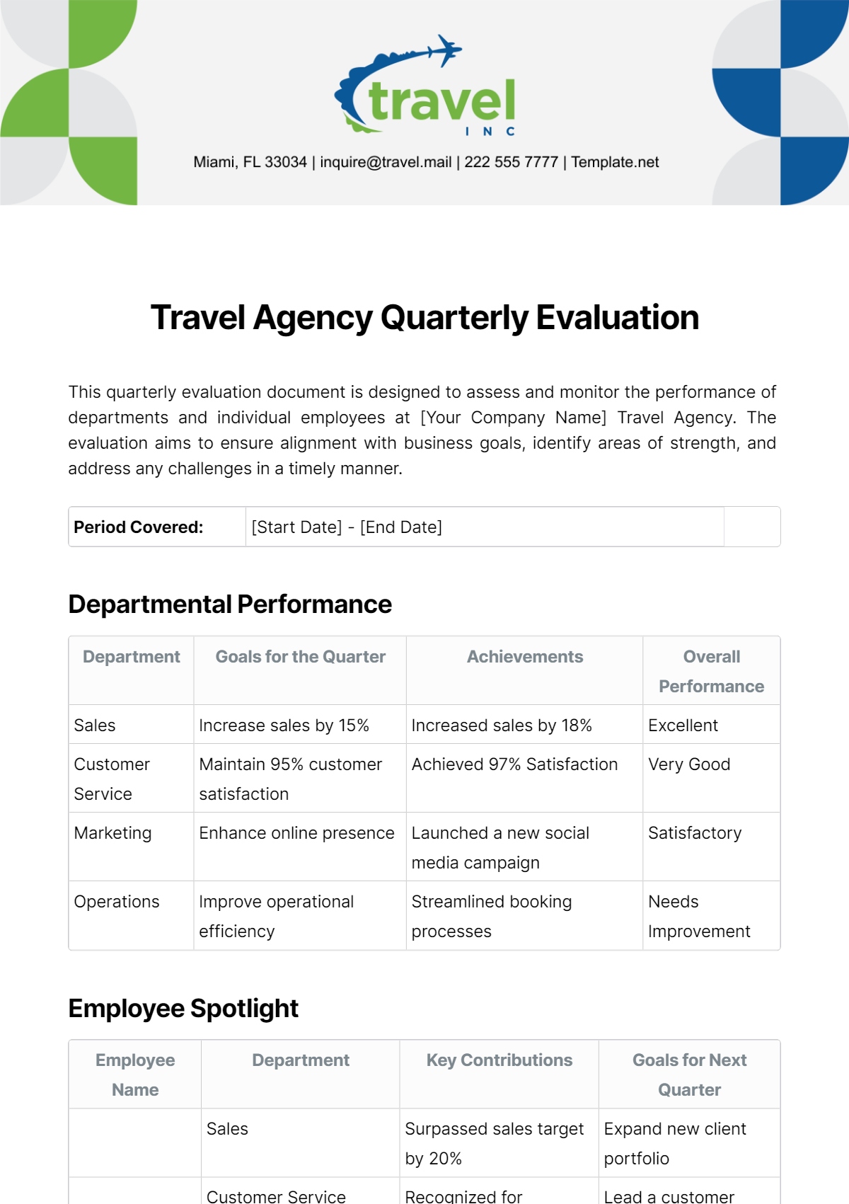 Travel Agency Quarterly Evaluation Template