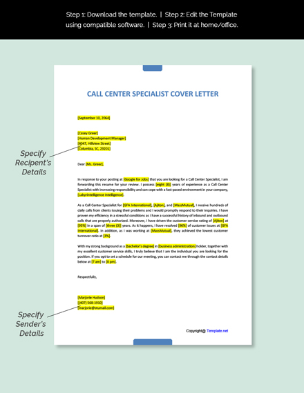 Free Call Center Specialist Cover Letter Template - Google Docs, Word 