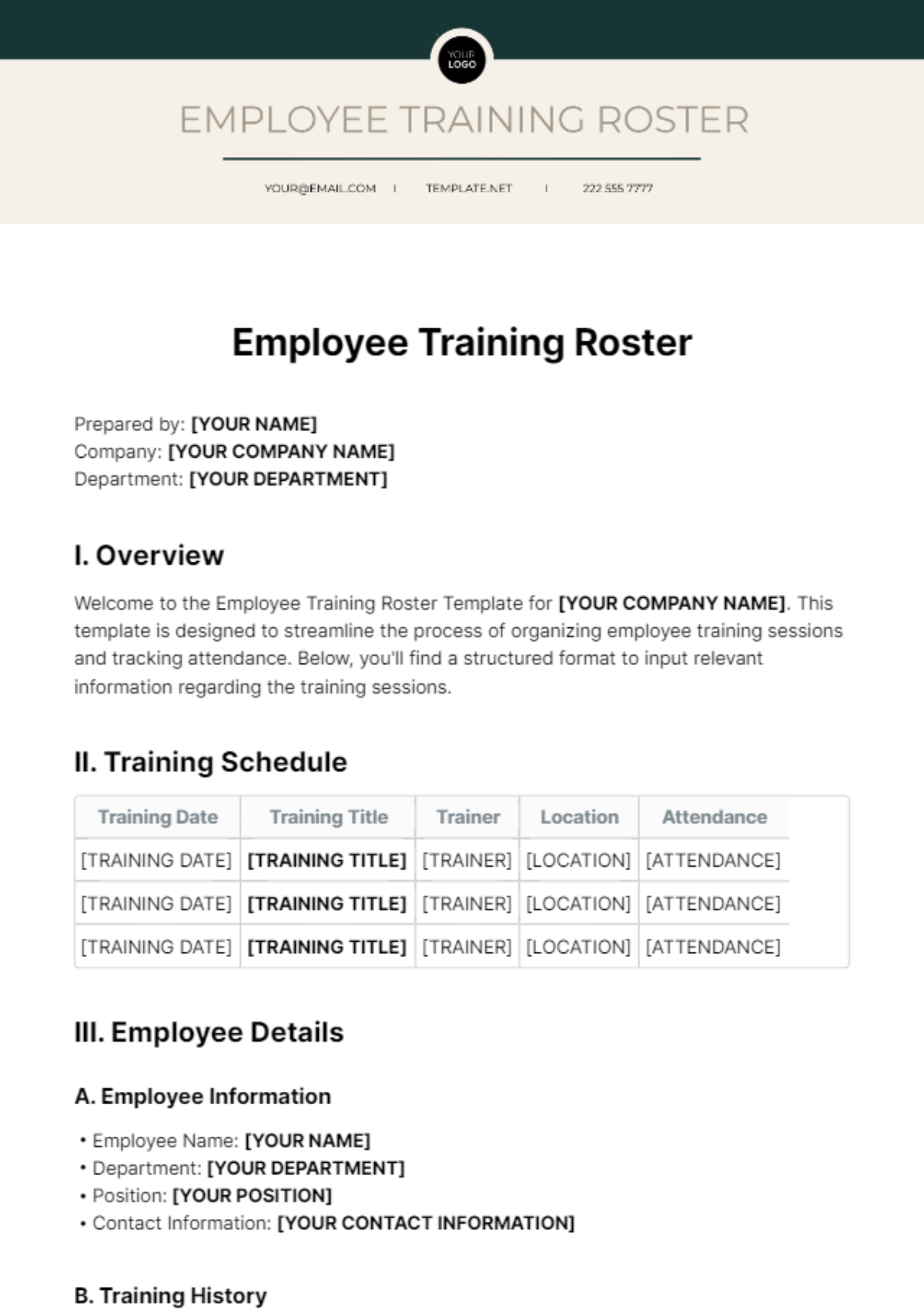 Employee Training Roster Template