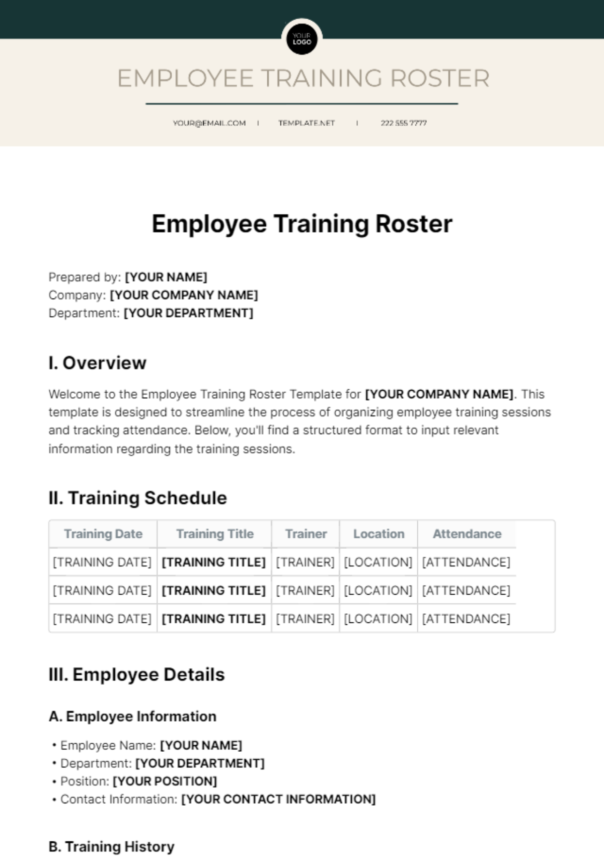 Employee Training Roster Template - Edit Online & Download