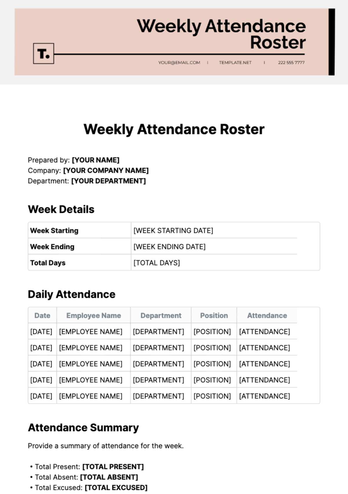Weekly Attendance Roster Template