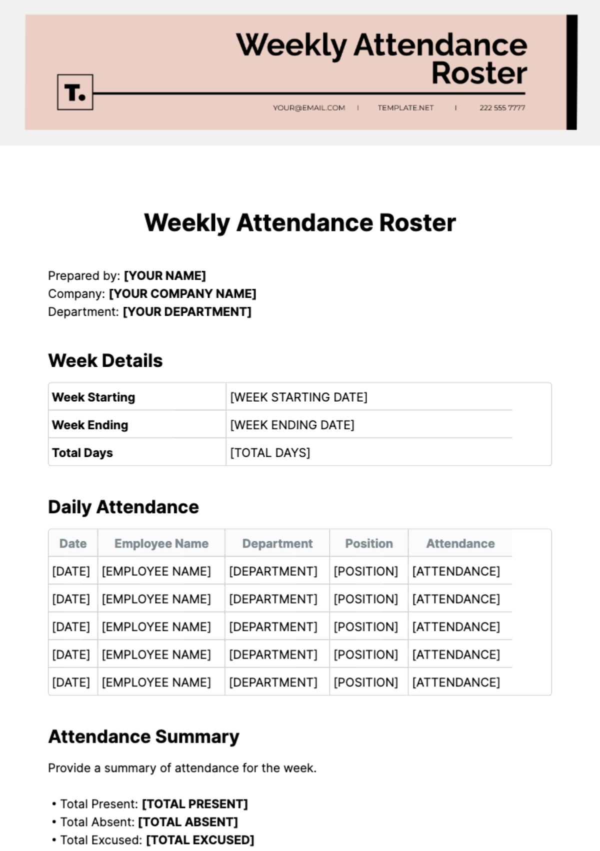 Weekly Attendance Roster Template - Edit Online & Download