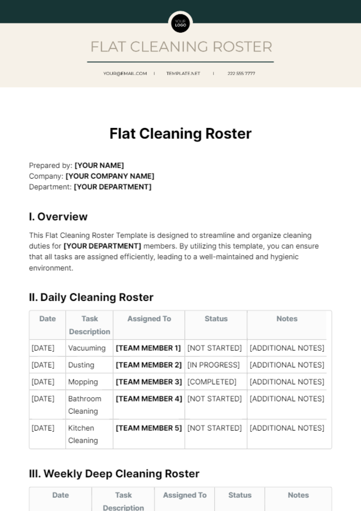 Flat Cleaning Roster Template - Edit Online & Download