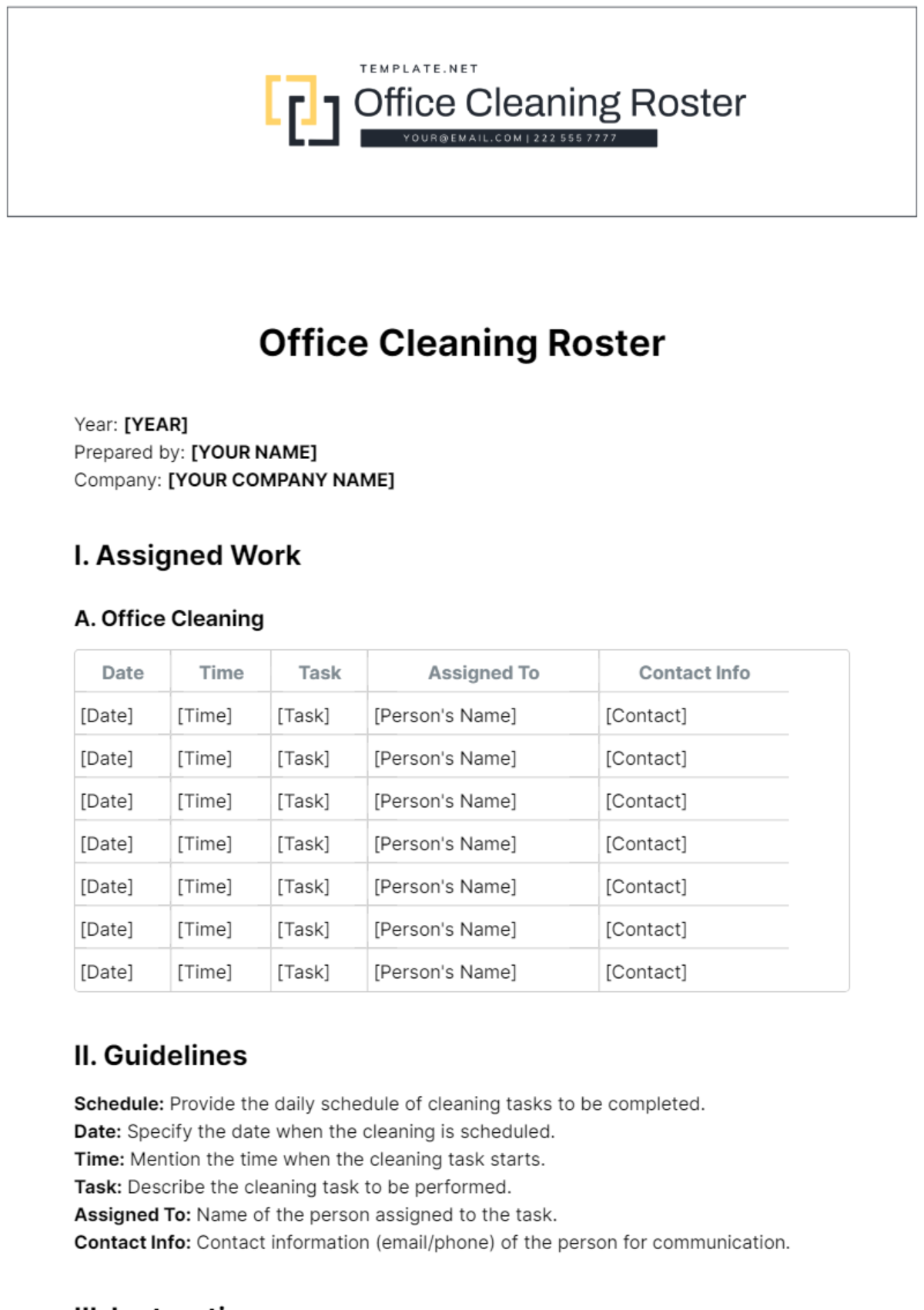 Office Cleaning Roster Template