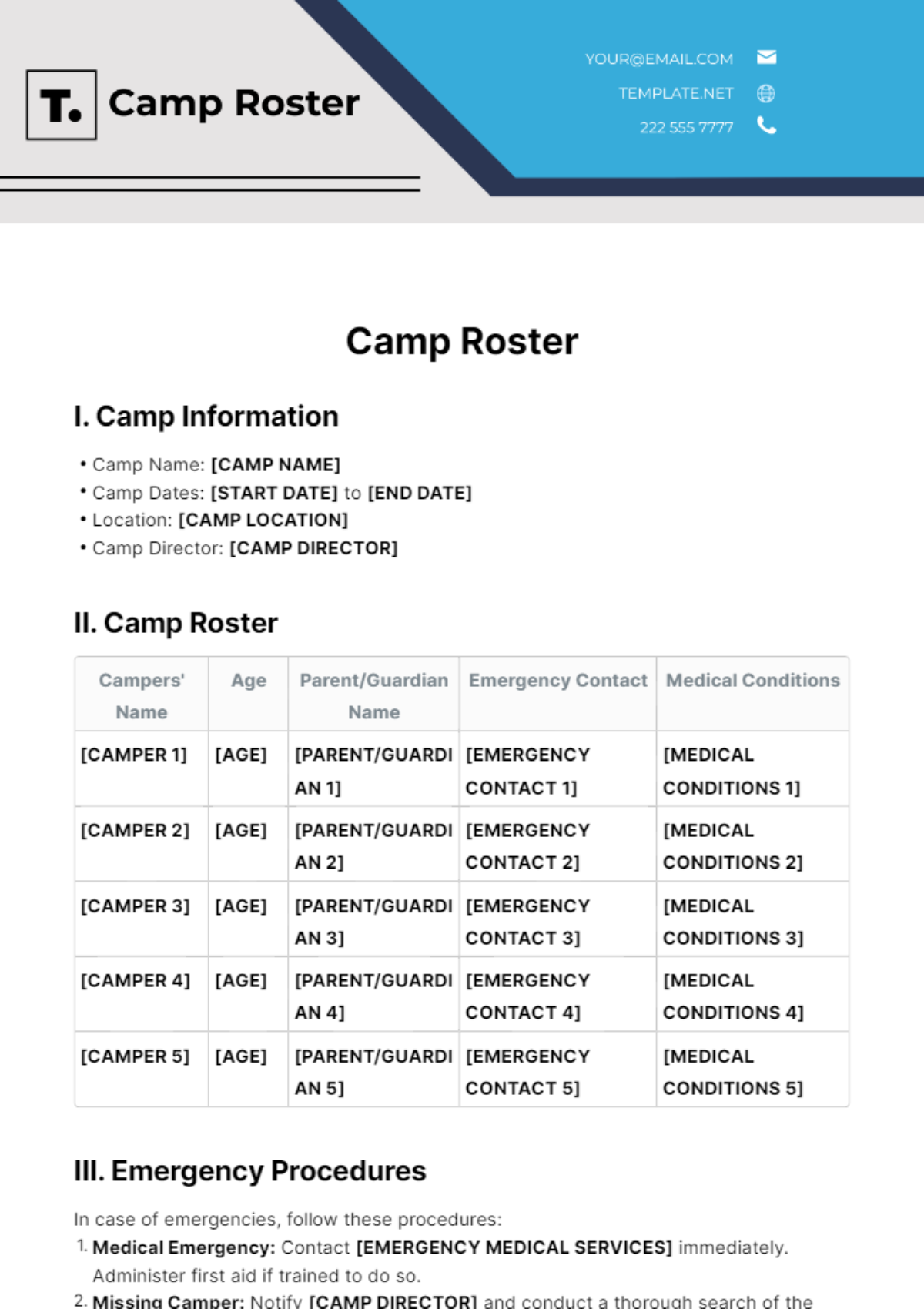 Camp Roster Template - Edit Online & Download