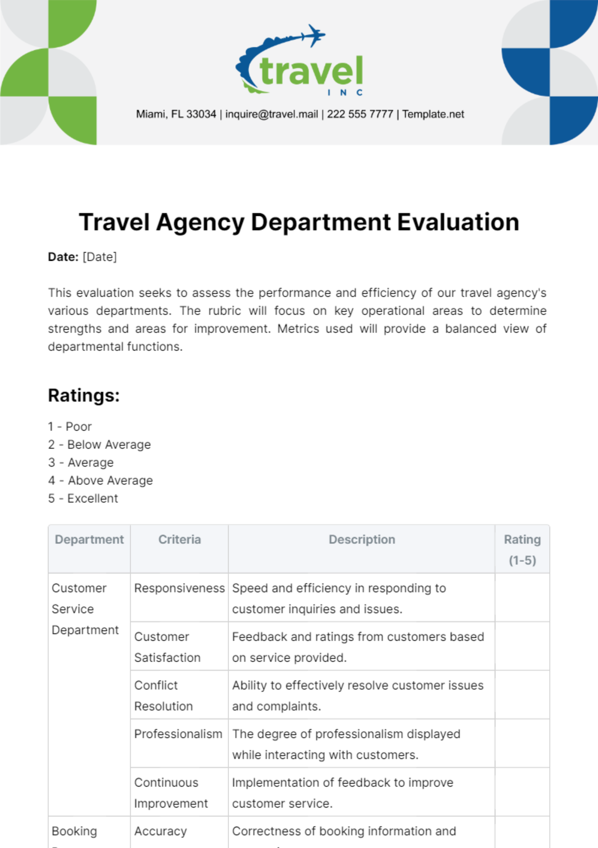 Free Travel Agency Department Evaluation Template