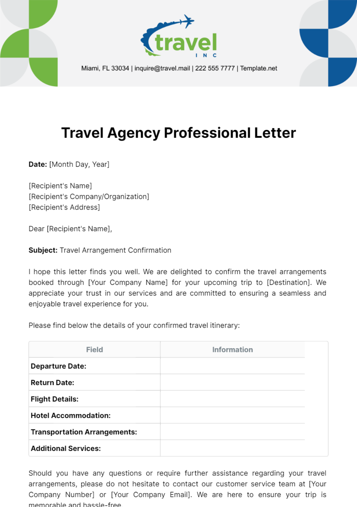 Travel Agency Professional Letter Template