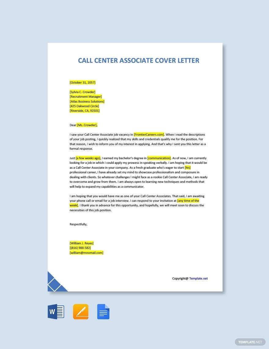 Call Center Associate Cover Letter