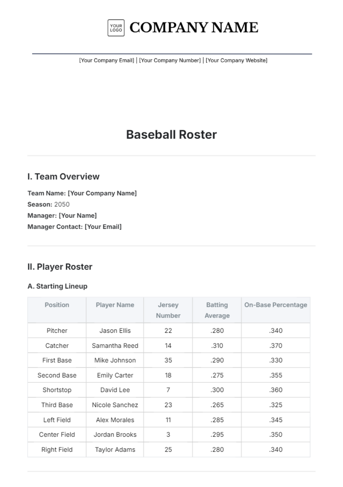 Baseball Roster Template