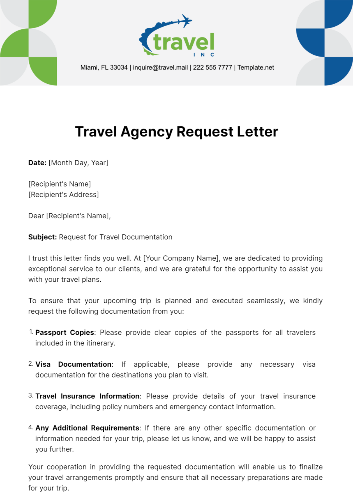 Travel Agency Request Letter Template