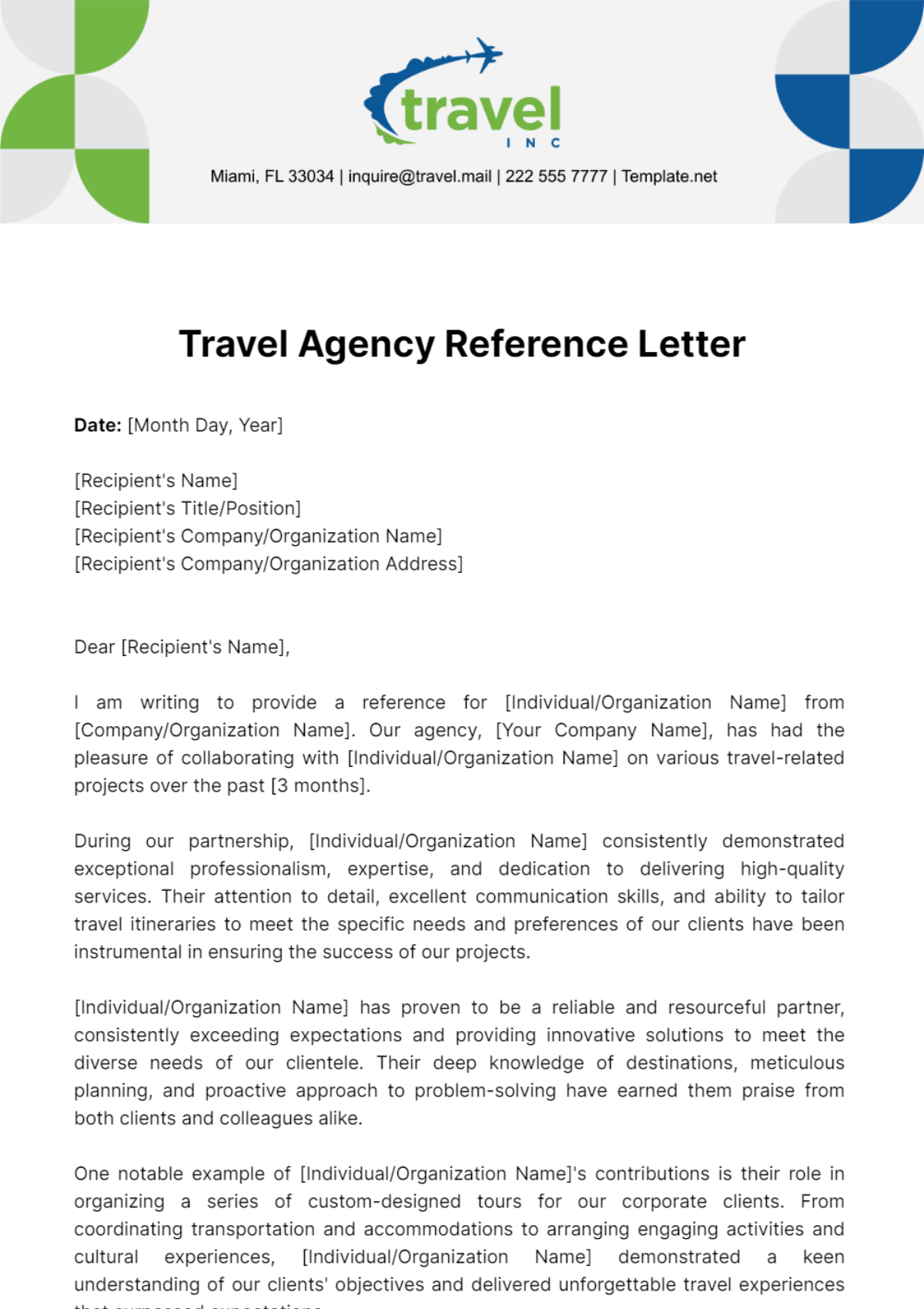 Travel Agency Reference Letter Template