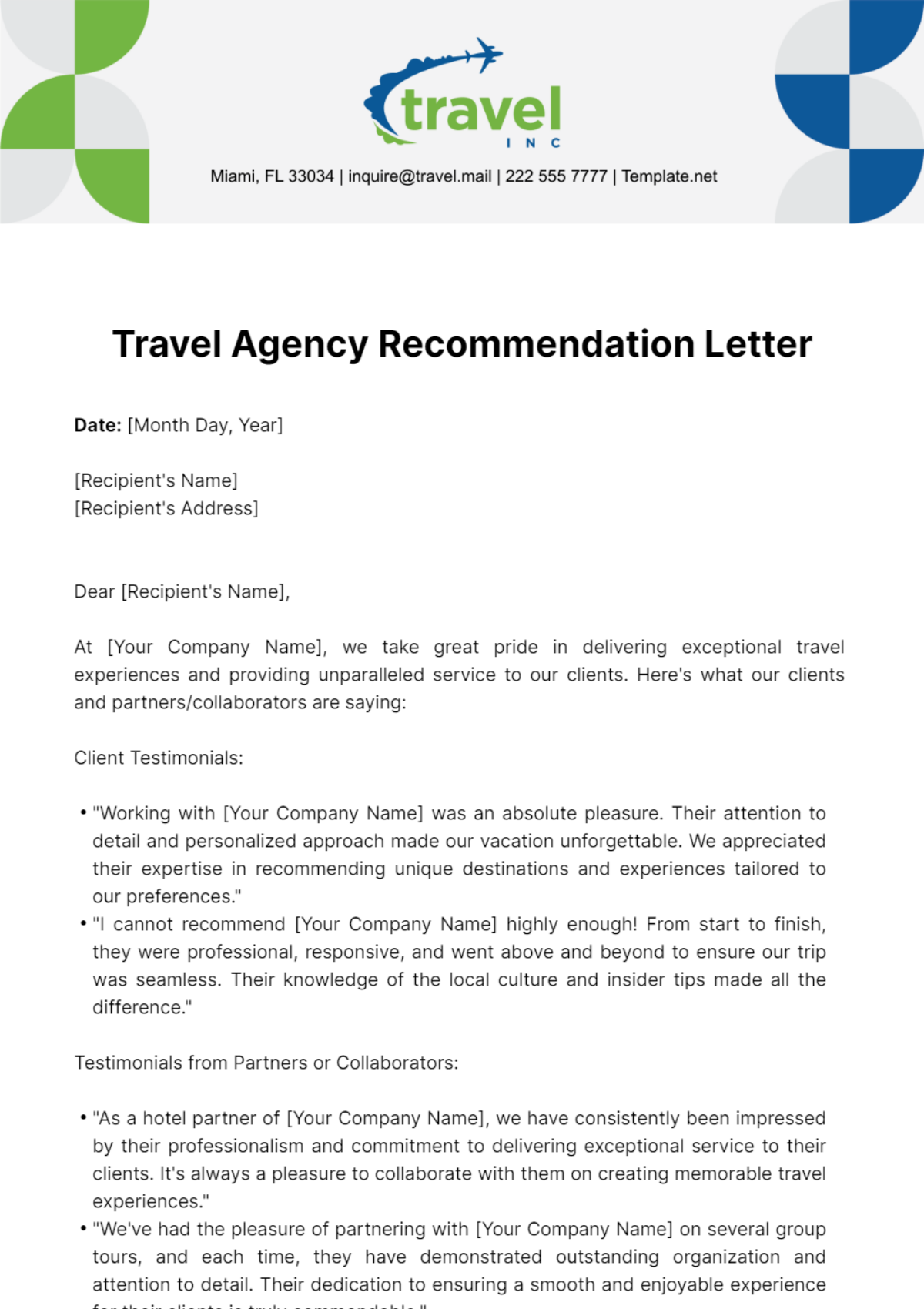 Travel Agency Recommendation Letter Template