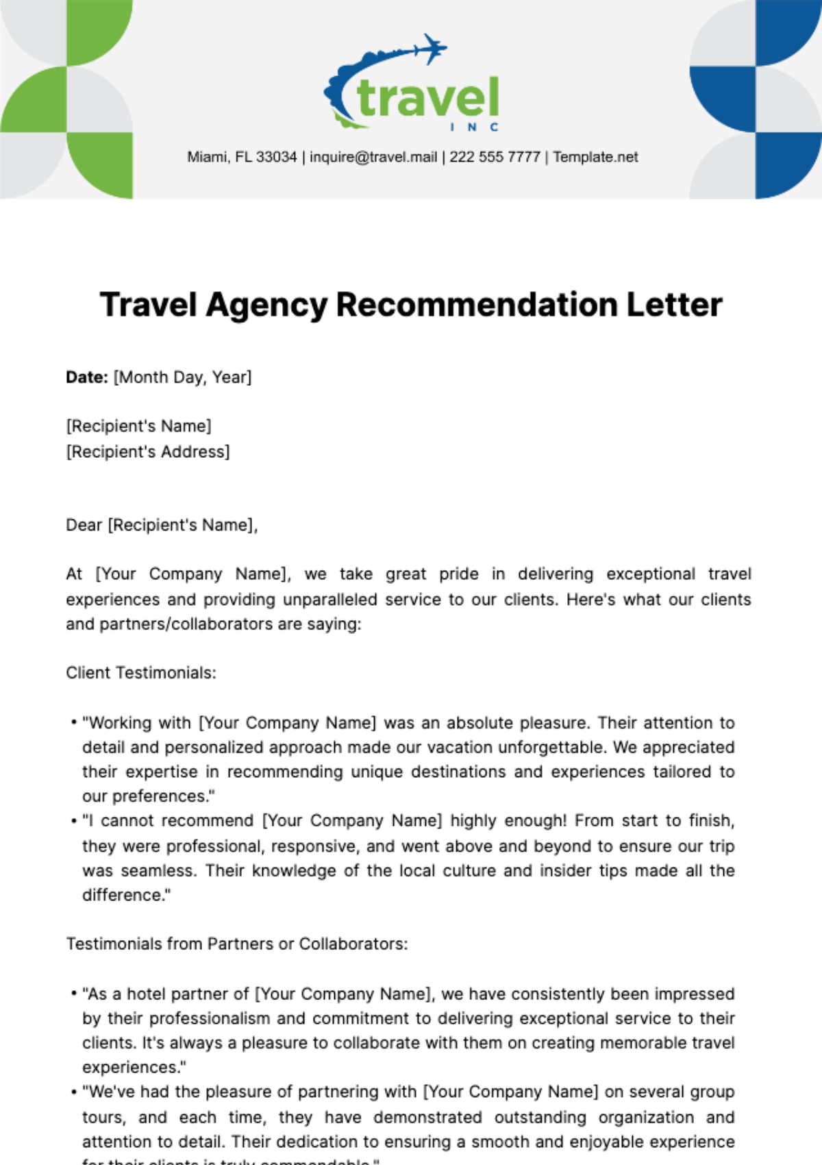 Travel Agency Recommendation Letter Template