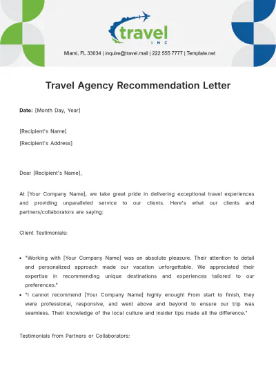 Free Travel Agency Recommendation Letter Template to Edit Online