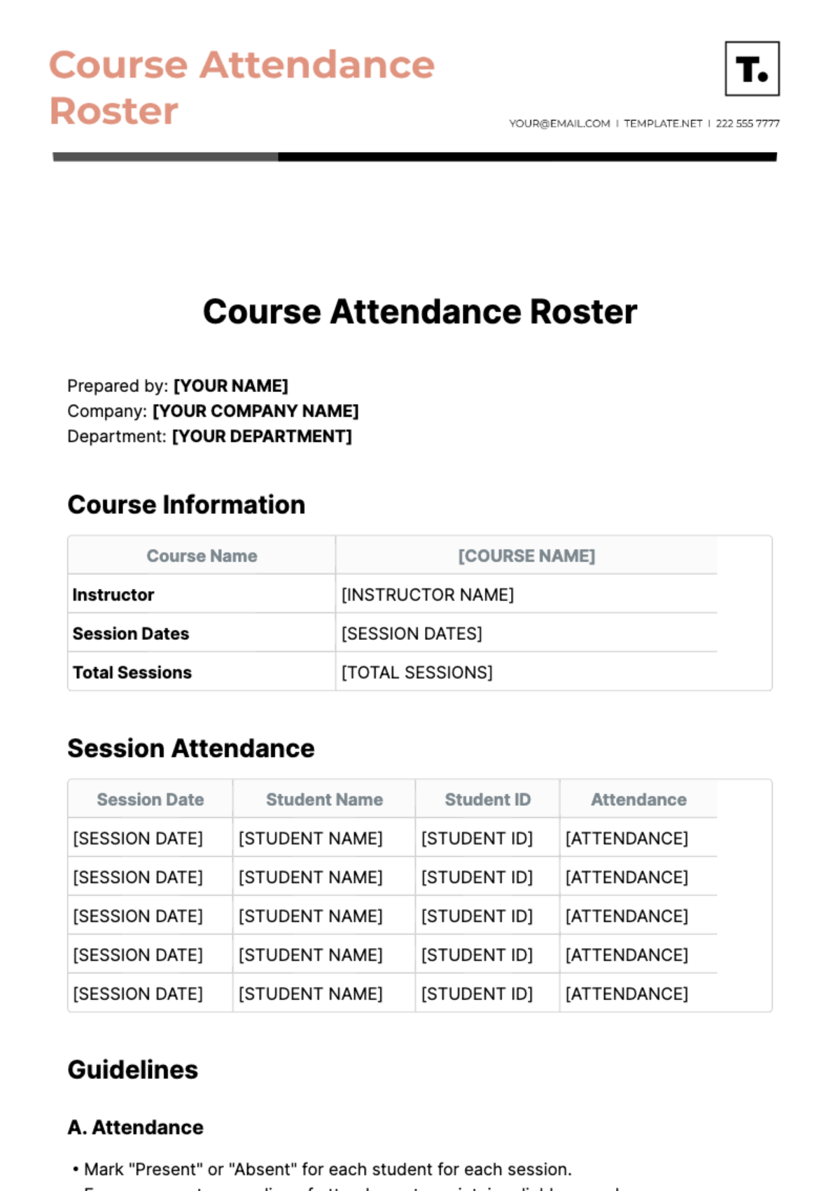 Course Attendance Roster Template