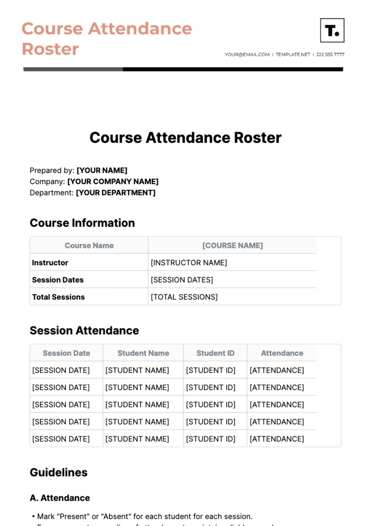 Course Attendance Roster Template - Edit Online & Download