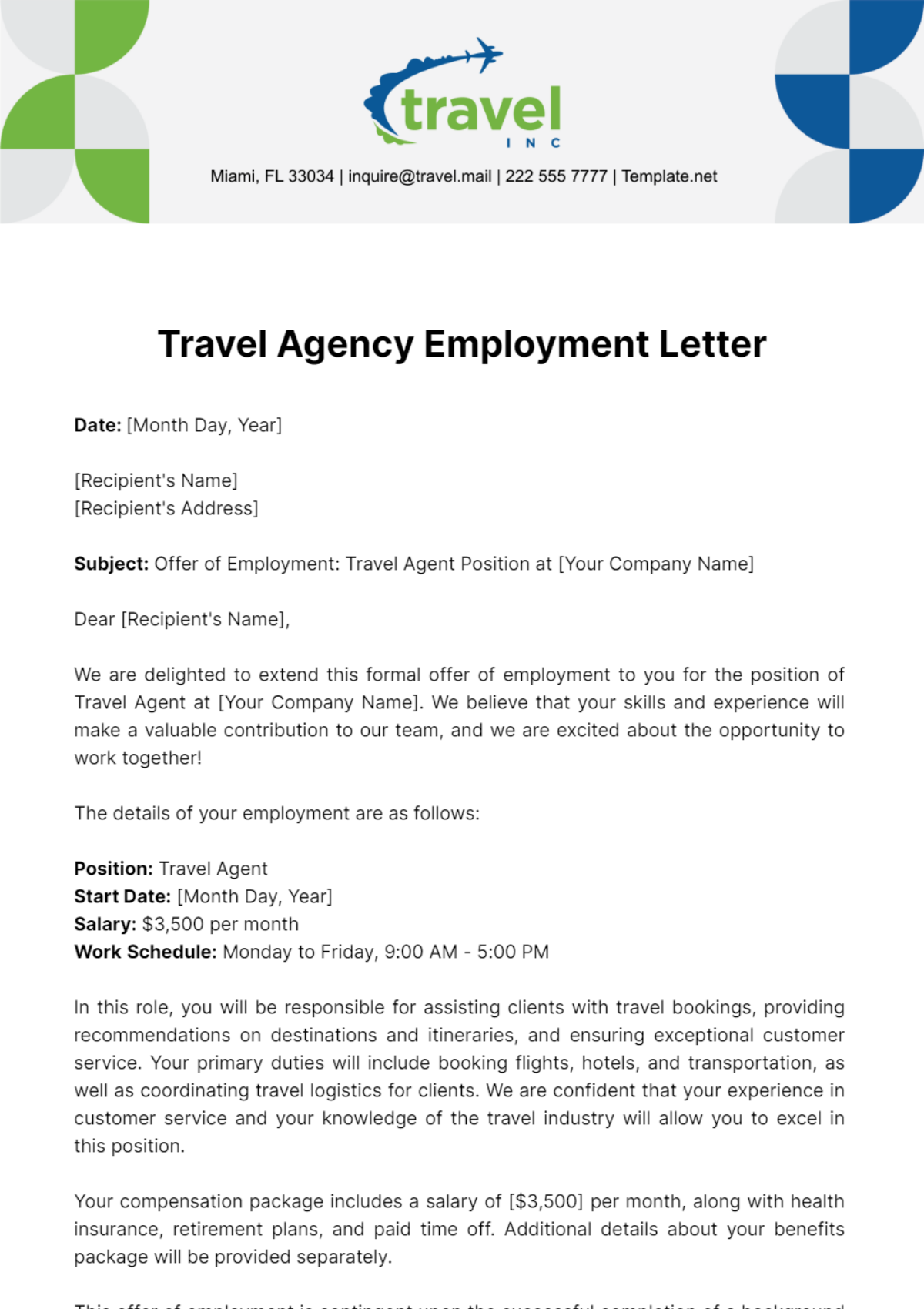 Travel Agency Employment Letter Template