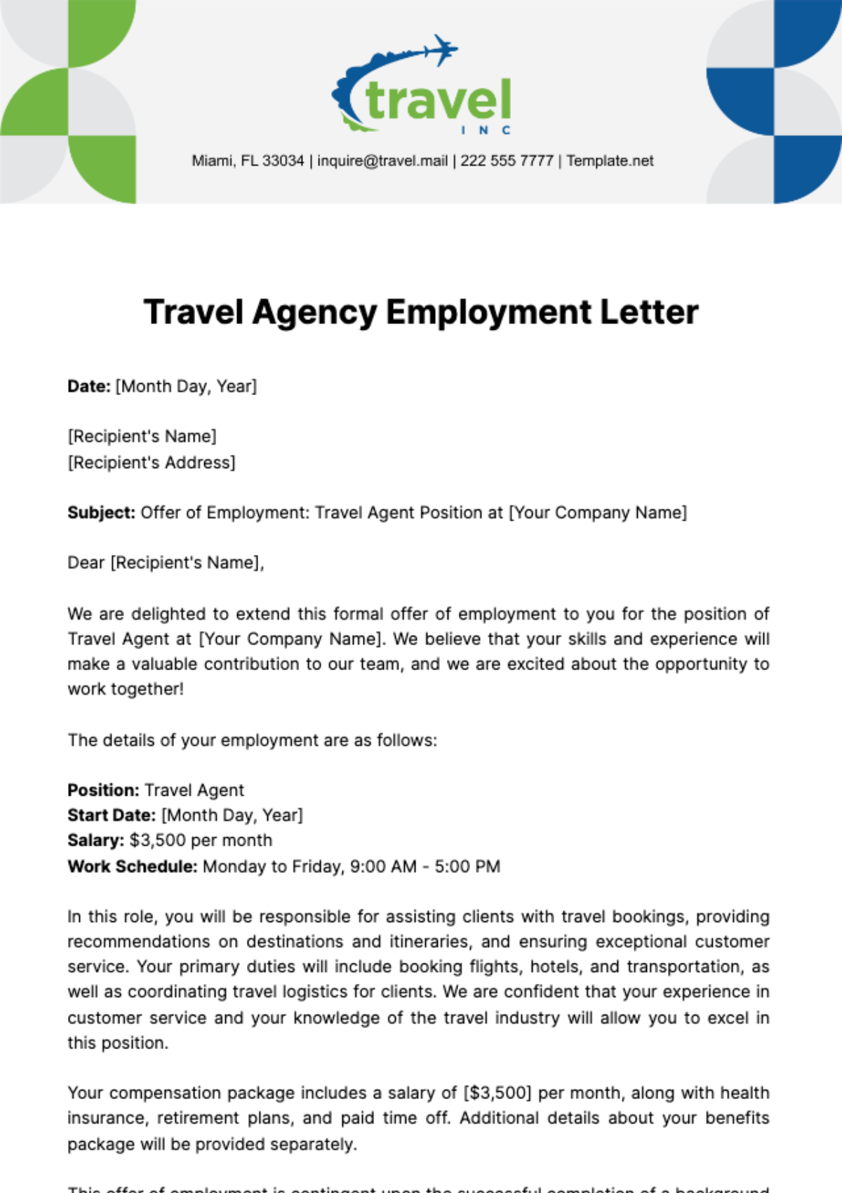 Travel Agency Employment Letter Template